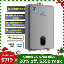 Westinghouse Tankless Water Heater Propane 5.1GPM 120K BTU Indoor Voice Control