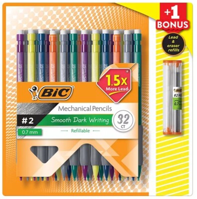 BIC Matic Grip Mechanical Pencil 32 Ct 0.7mm #2 Assorted Colors + Lead & Eraser