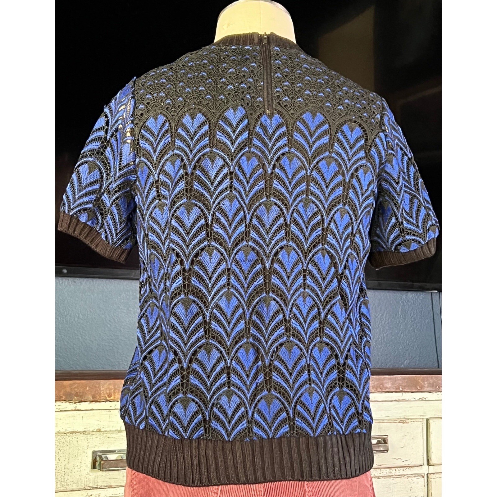 NWT New $130 Anthropologie Daniel Rainn Black Blue Lace Blouse Top S