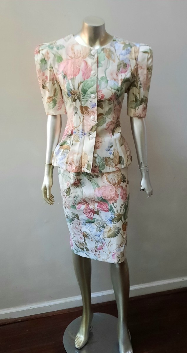 FLORAL PUFF SLEEVES PEPLUM TOP VTG BOW PENCIL SKIRT PC SET top/9