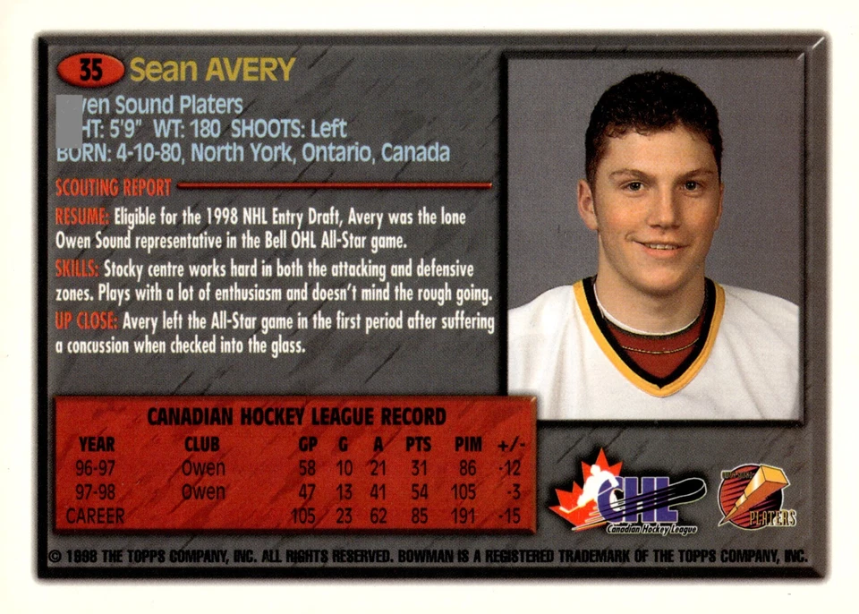 Sean Avery - Signed 1998-99 Topps Bowman Rookie Card #35 - Image 2 of 2