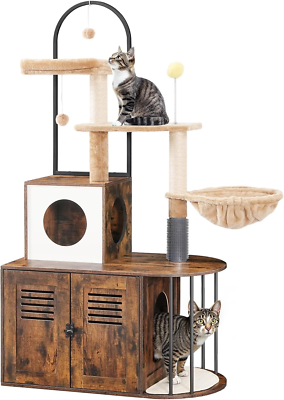 All-in-One Cat Tree with Hidden Litter Box & Hammock - Rustic