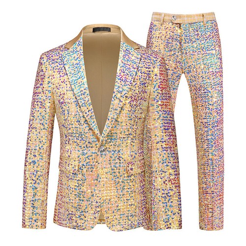 Mens Sequins One Button Slim Fit Party Bling Bling 2pcs Suits Jacket Pants Coats - Picture 6 of 11