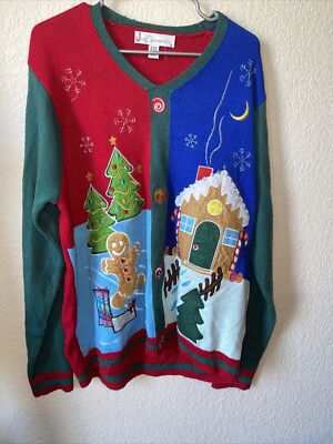 Ugly Christmas Jolly Sweater Unisex XL, Gingerbread Man and House