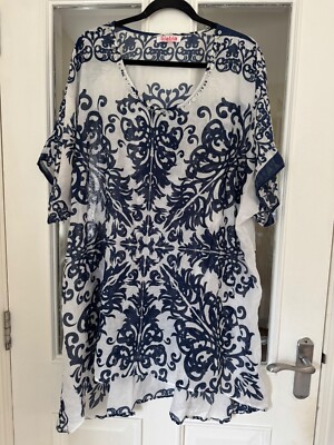 FAB BLABLA BLUE & WHITE SCOOP NECK PATTERNED & BEADED COTTON KAFTAN - ONE SIZE!!