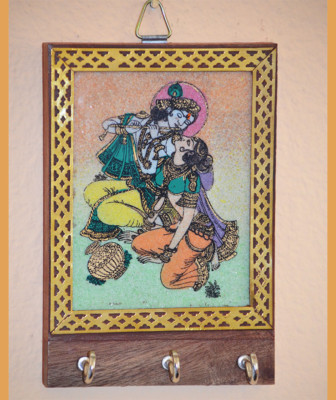 Gemstone Radha Krishna Painting Wood Key Wall Holder with Three Hooks from India