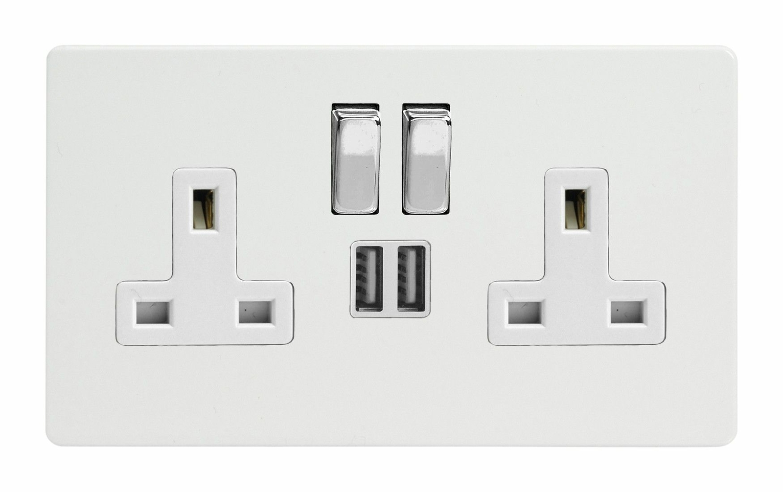 Varilight XDQ5U2SWS Screwless Premium White 2 Gang 13A Plug Socket 2.1A USB