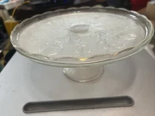 Vintage Clear Glass Gold Accents Pedestal Cake Stand 10" Harps Design Jeanette