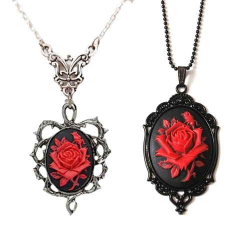 Gothic Red Rose Cameo In Thorns Pendant Necklace Vintage Rose Necklace
