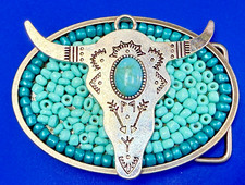 Southwestern Style Longhorn Cow Bull Head Steer Turquoise Bead 3D Belt Buckle