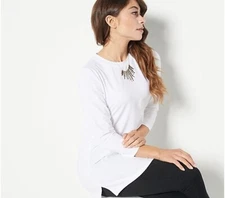 Attitudes Renee Washed Cotton Jersey Crew Neck Top w/Side Slits-White-3X-A461478