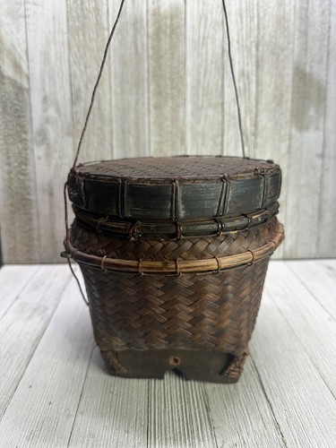 Vintage Philippines Woven Ifugao Rice Basket with Lid Folk Art 7" Tall x 6" Wide - Picture 3 of 10