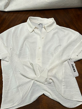 DKNY S Collared Button Cotton Knit Top Solid Ivory Long Sleeve U86T2066