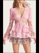 LOVESHACKFANCY Karine Pink Floral Lace Ruffle Cutout Mini Dress V Neck Large