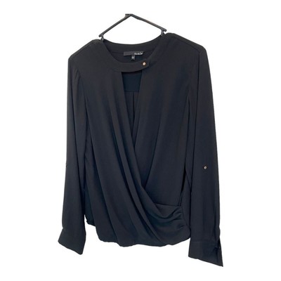 Ro & De Womens Top Blouse Long Roll Tab Sleeve Surplice Black Choker M