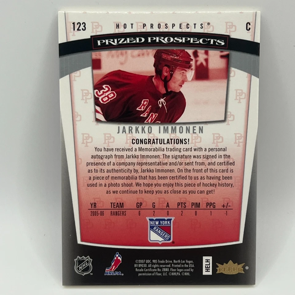 2006-07 Fleer Hot Prospects Jarkko Immonen Patch Auto RC #123 /599 - Image 2 of 2