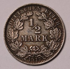 1917 A Germany 1/2 Mark Silver Coin KM# 17
