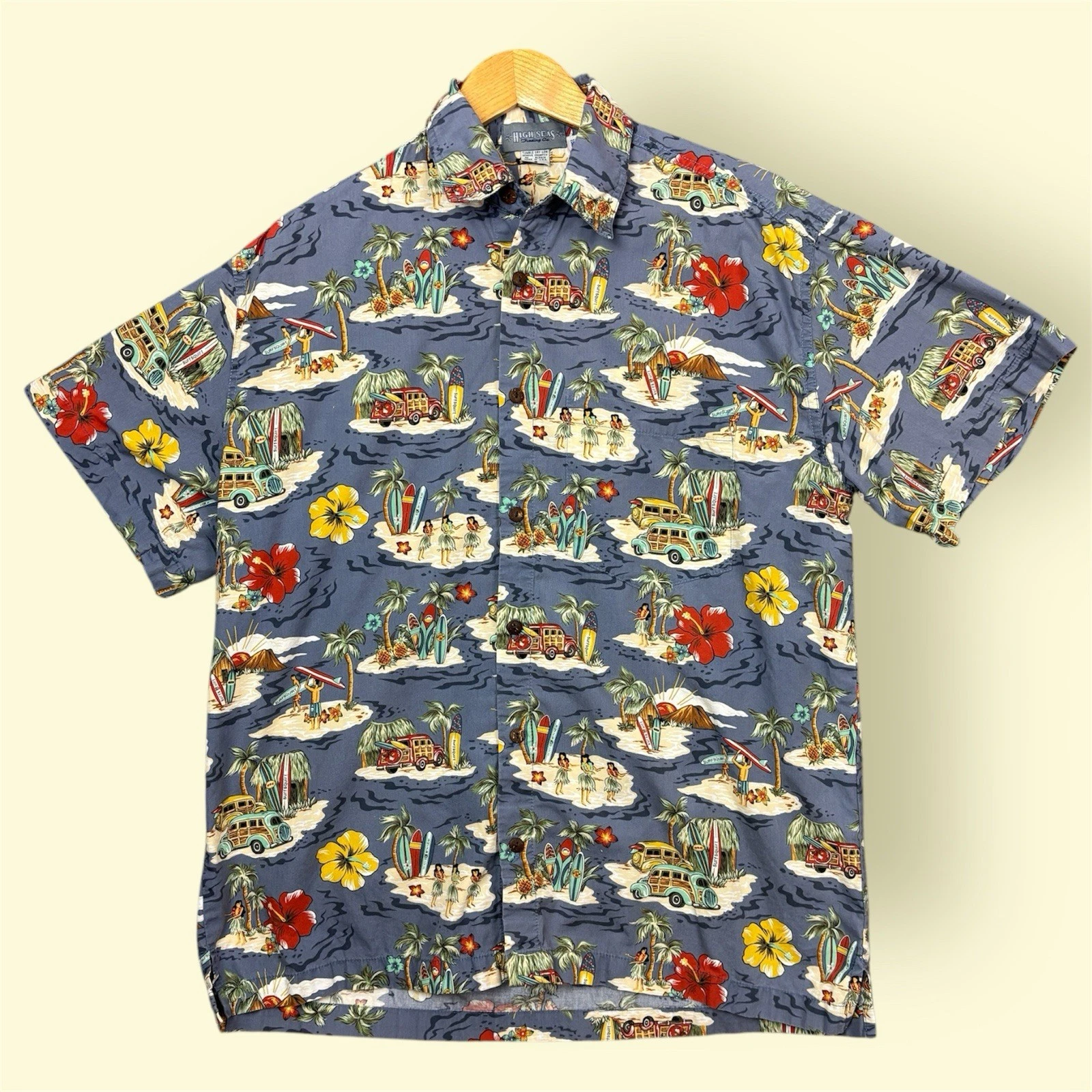 High Seas Hawaiian Shirt Mens Medium Surf Hula Woody Print Made USA