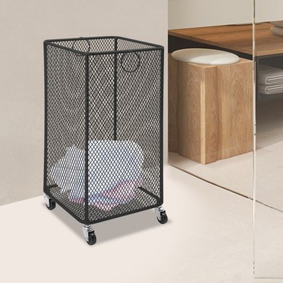 Black Iron Rolling Laundry Basket W/ Wheels For Laundry Room Balcony Kitchen Etc