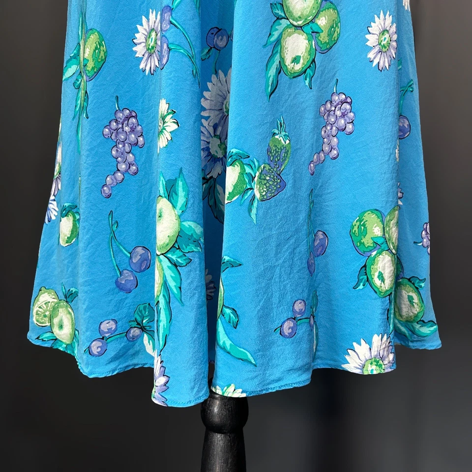 Vintage 90s 100% Silk Blue Fruit Floral Print Midi Dress Keyhole Twee Retro 12 - Image 3 of 4