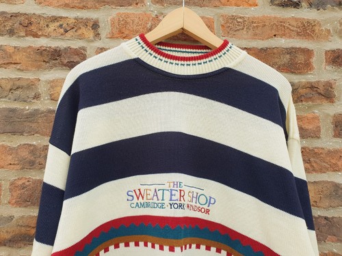 Vintage 80's Sweater Shop Jumper Striped Logo Embroidered Cream Multi - Picture 9 of 21
