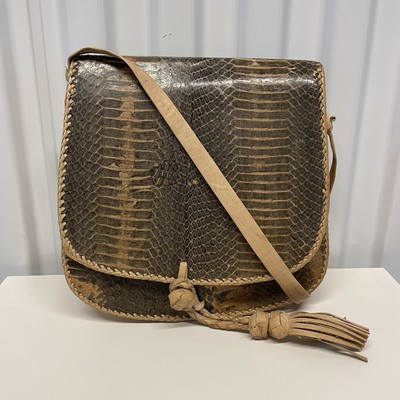 VTG 70s Real Python Snake Skin Leather Oval Tassel Saddle Shoulder Crossbody Bag