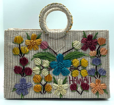 Vtg Cabana Straw Raffia Flowered Hand Bag woven Purse Boho Tote floral Hawaii