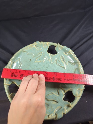 Pinion Art Pottery Signed Stoneware Teal Green/Blue Cream Leaf Bowl Plate Decor - Picture 8 of 9