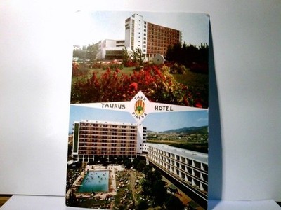Pineda de Mar. Spanien. Taurus Park Hotel. Alte Zweibild AK farbig, gel. 1968. G