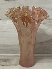 Pink Apricot Swirl Italian MURANO Glass Ruffled 10.75" Vase Venice Hand-Blown