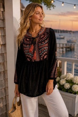 John Mark Black Velvet Embroidered Boho Tunic Top Tassel Tie S Lagenlook