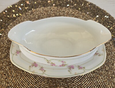 ANTIQUE MZ AUSTRIA BRIDAL ROSE CHINA GRAVY BOAT WITH UNDERPLATE 1884-1909