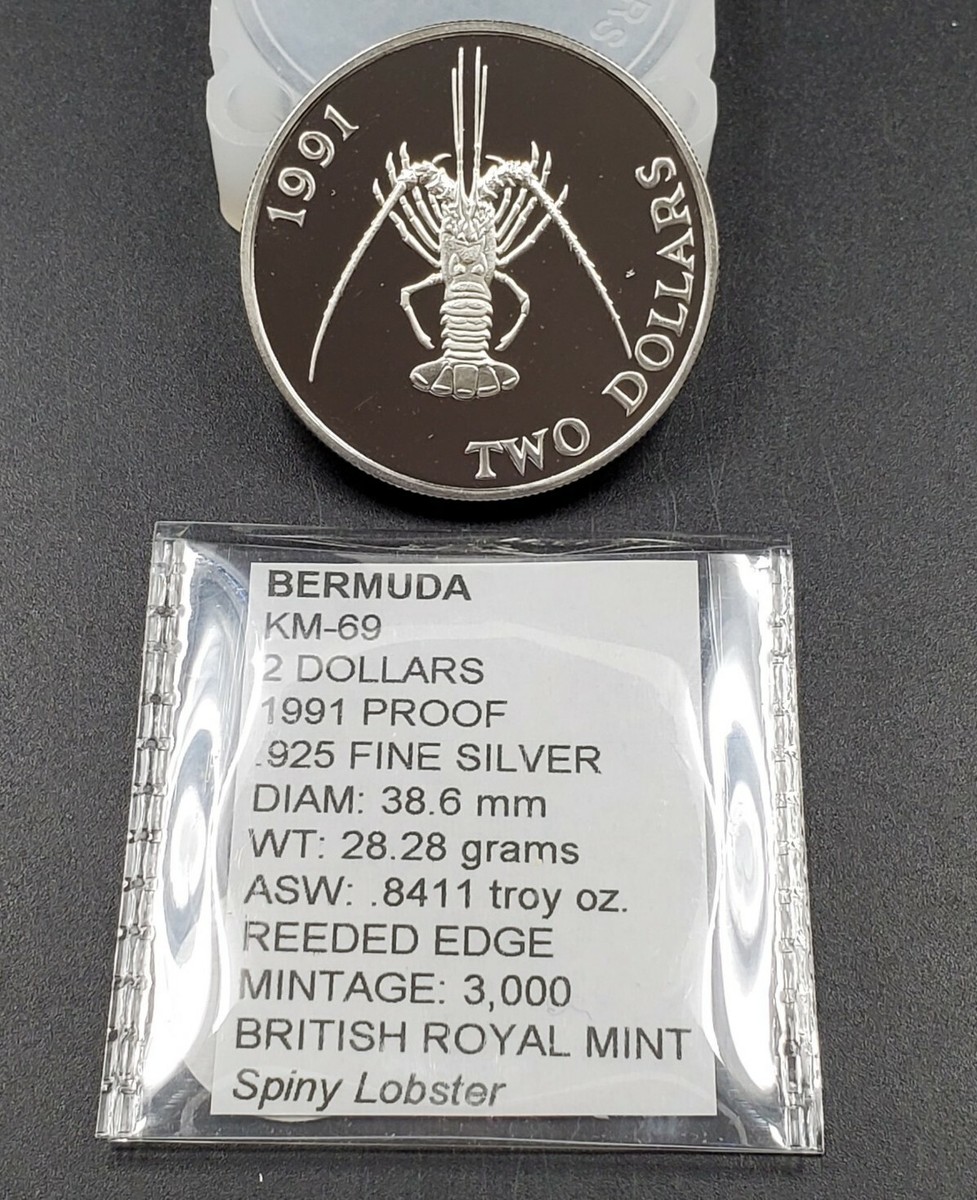 1991 Bermuda Elizabeth II SPINEY LOBSTER GEM Proof Silver $2 Coin