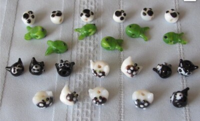 96 Cat Kitty Glass Lampwork Beads (4 packs of 24 per pack) w Fish & Paw Prints