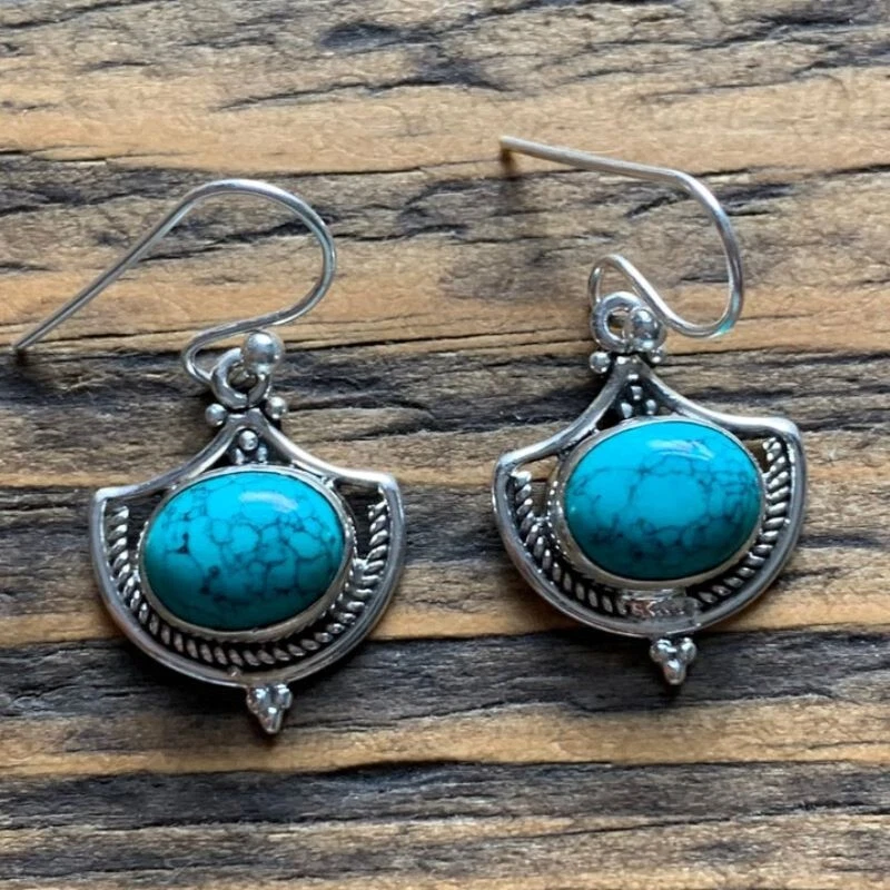 Sterling 925 Silber Türkis Oval Form Echte Handgefertigte Hängende Ohrringe - Bild 2 von 4