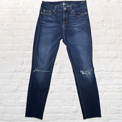 7 For All Mankind The Ankle Skinny Jeans Women's 26x26 Blue Distressed Hem Dark