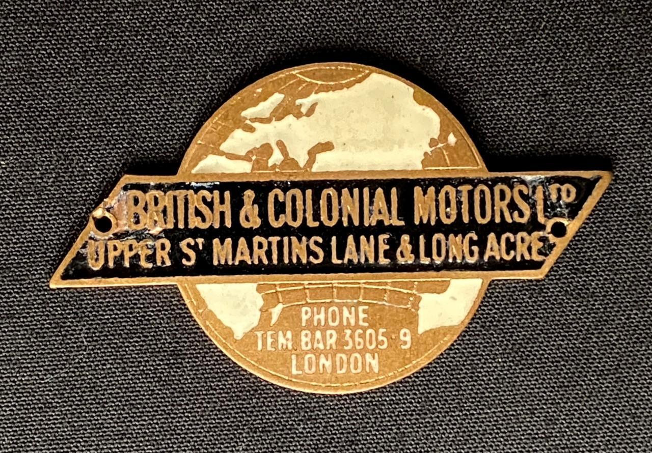 BRITISH & COLONIAL MOTORS LTD SUPPLIERS ENAMEL DASHBOARD PLAQUE EMBLEM