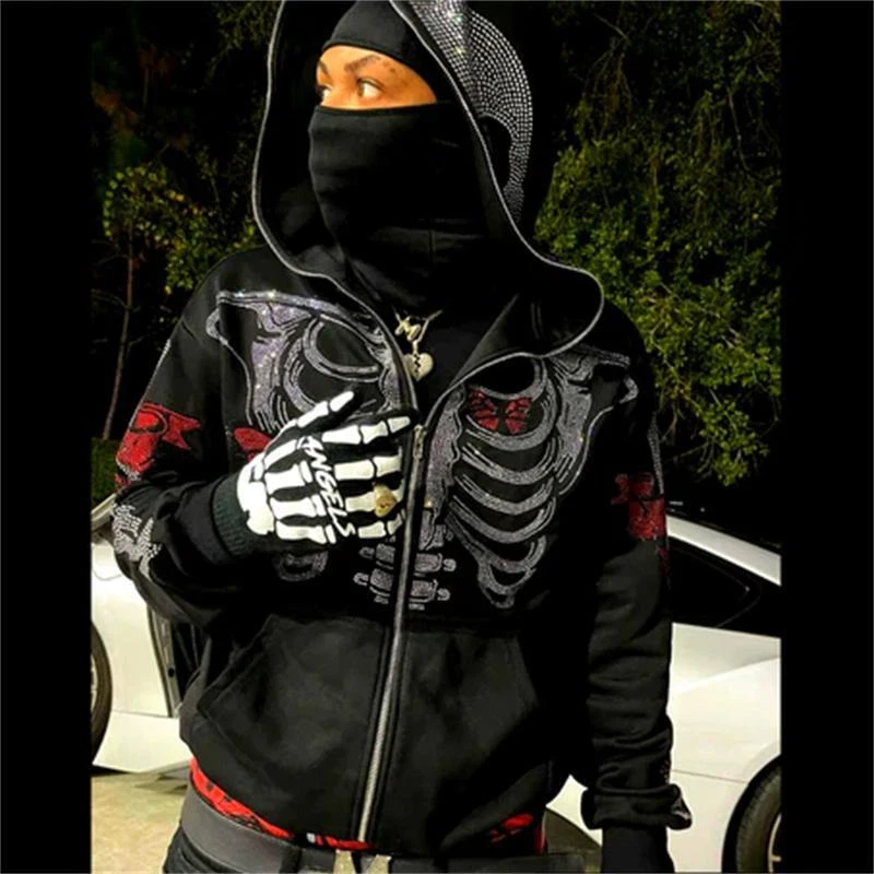 Rhinestone Skeleton Fashion Gothic Men Women Hoodie Sweatshirt Full Zip  Jacket