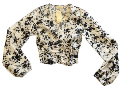 Love Notes New Women's Size Small V-Neck Long Sleeve Ruched Sides Floral  Crop