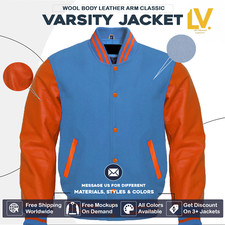 Varsity Letterman Jacket For Men Women  Kids Sky Blue Wool Body Orange Sleeves