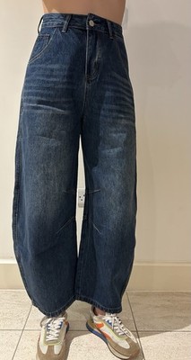Damen Barrel Leg Jeans Mittelblau Denim Wide Leg High Waist Freizeithose