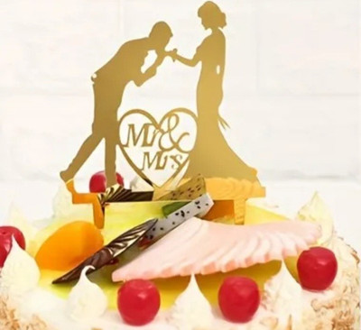 Tortenfigur Hochzeit Brautpaar Silhouette  Mr & Mrs  Gold 15,24x10,67 cm