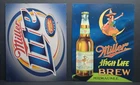 (2) Vtg Miller High Life Brew Beer Metal Signs Girl on the Moon & Lite 12.5x16"