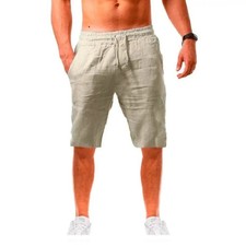 Men s LINEN Shorts Casual Summer Beach Cotton Loose Fit Drawstring Pants S-3XL