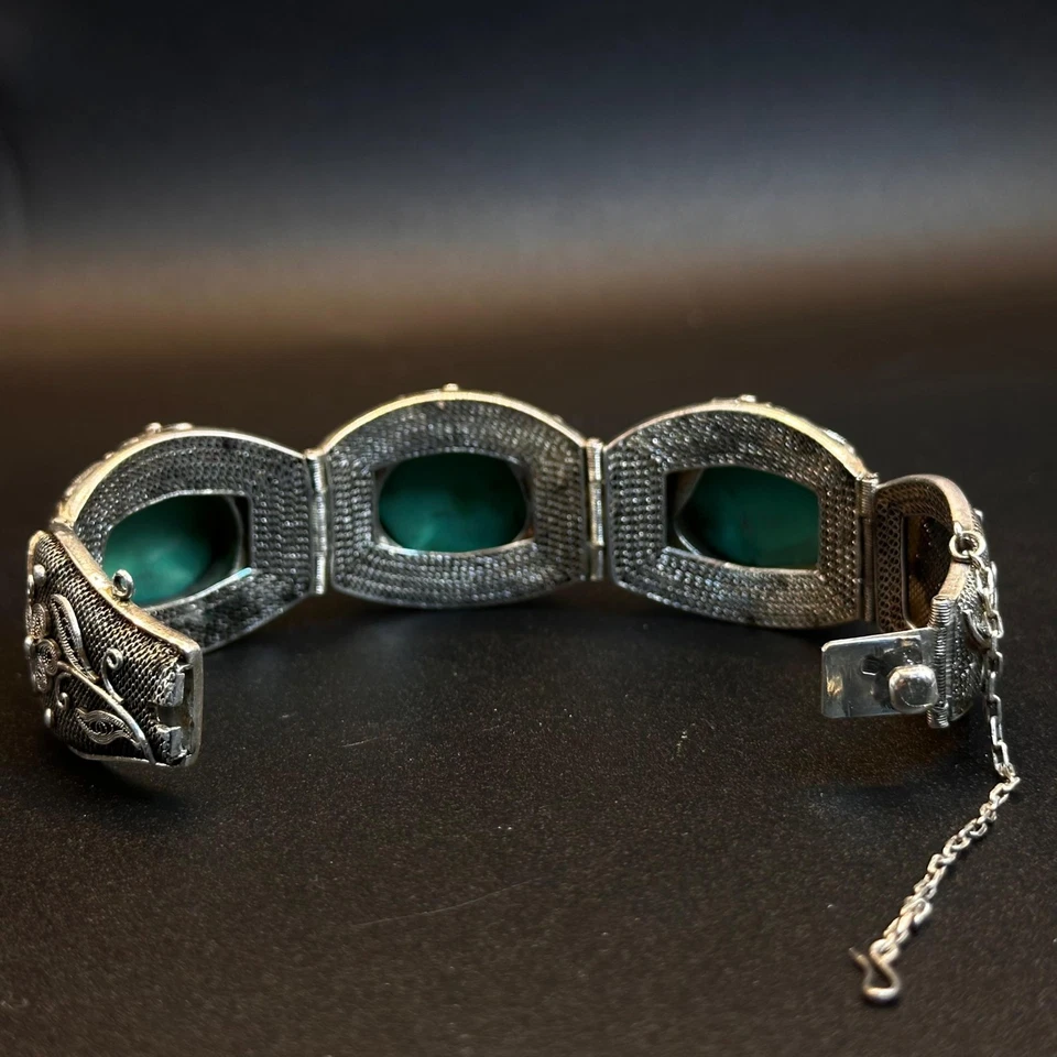 Antique Chinese Export Sterling Silver Filigree and Torquoise Bracelet - Image 4 of 4