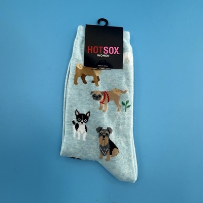 Hot Sox Women s Dog Print Crew Socks Light Blue Mixed Breeds Size 9 11 New