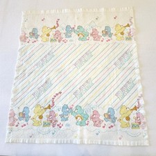 Vintage USA Care Bears Baby Blanket Satin Trim Hugs Tugs Funshine Wish Piling