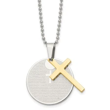 Gold Cross Pendant Stainless Steel Medallion Necklace with Etched Prayer Text