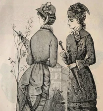 1881 Wood Engraving New Style Walking Dresses Victorian Fashion Umbrella DWQQ19