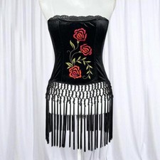 Victoria's Secret Velvet Fringe Corset Bustier Rose Embroidery Vintage 2002 Y2K